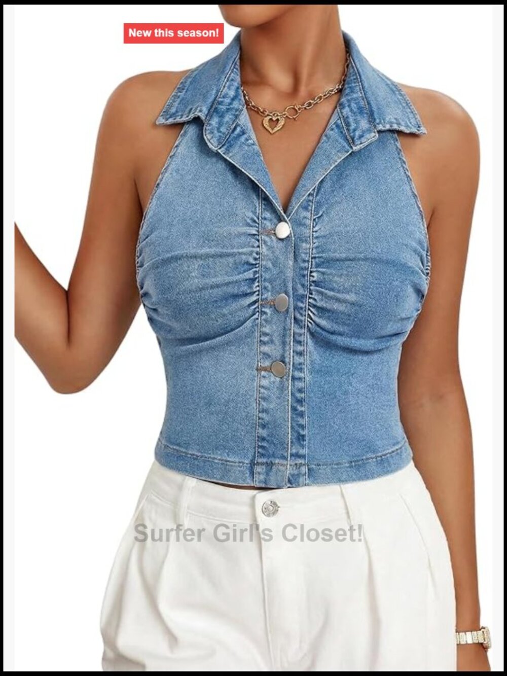 Sleeveless Denim Jean Corset Top Halter Neck Crop Button Front Ruched
